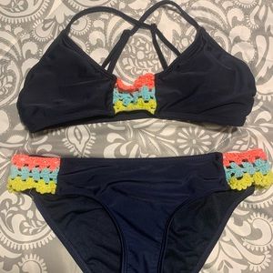 girls two piece bathing suit with cross cross back